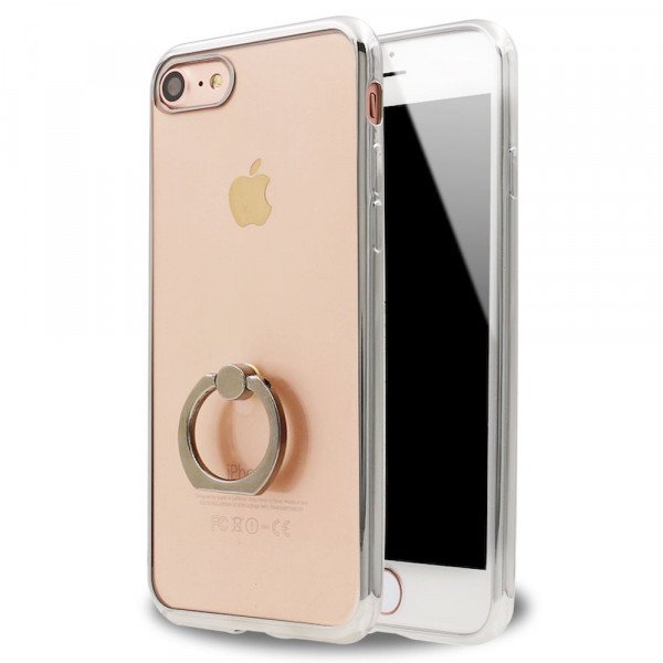 Wholesale iPhone 7 Plus Clear Electroplate Ring Stand Case (Silver)